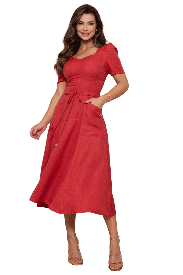 VESTIDO CREPE TEXTURIZADO COM BOLSO E FAIXA FIXA - 14199