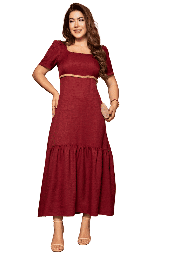 VESTIDO CREPE TEXTURIZADO COM TRANCA NO DECOTE E CINTURA - 14314