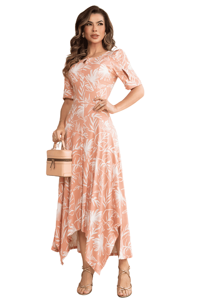 VESTIDO VISCOLINHO ESTAMPADO COM PONTAS ASSIMETRICAS