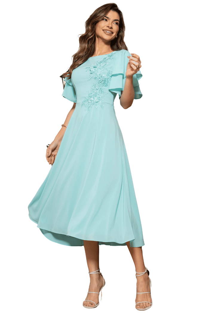 VESTIDO CREPE COM BABADOS NA MANGA E APLICACAO EM GRIPIR - 14491