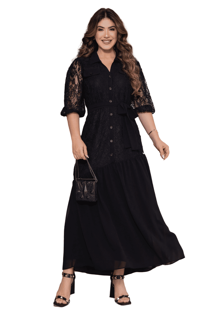 CHAMISE MAX MIDI MUSSELINE COM RENDA - 13919