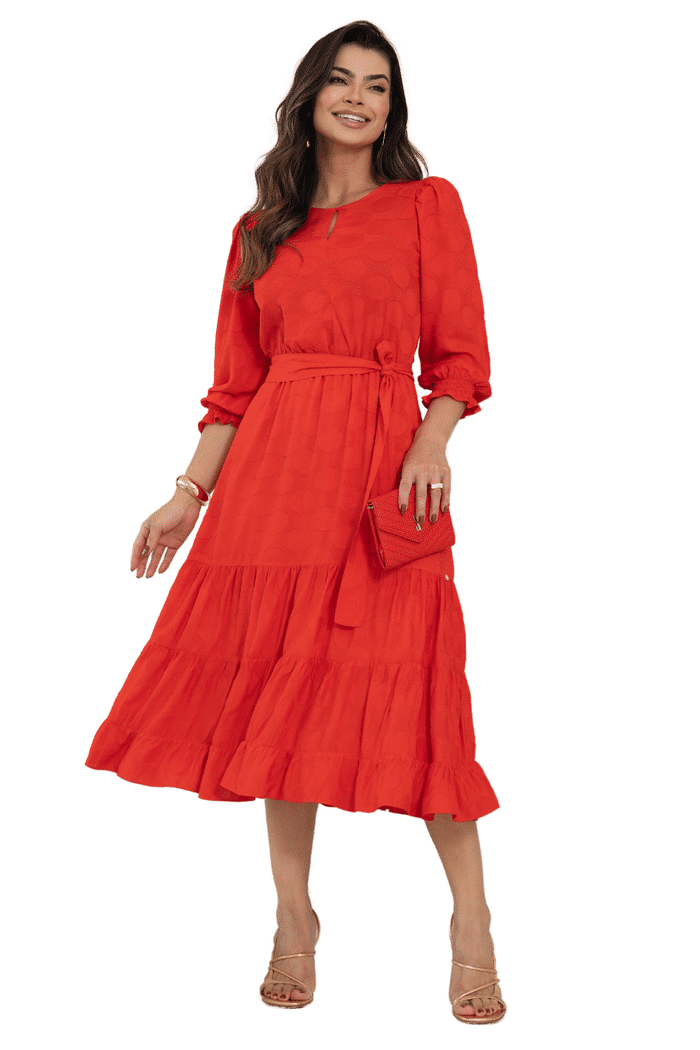 VESTIDO VISCOSE TEXTURIZADO COM MARIAS NA SAIA - 13998