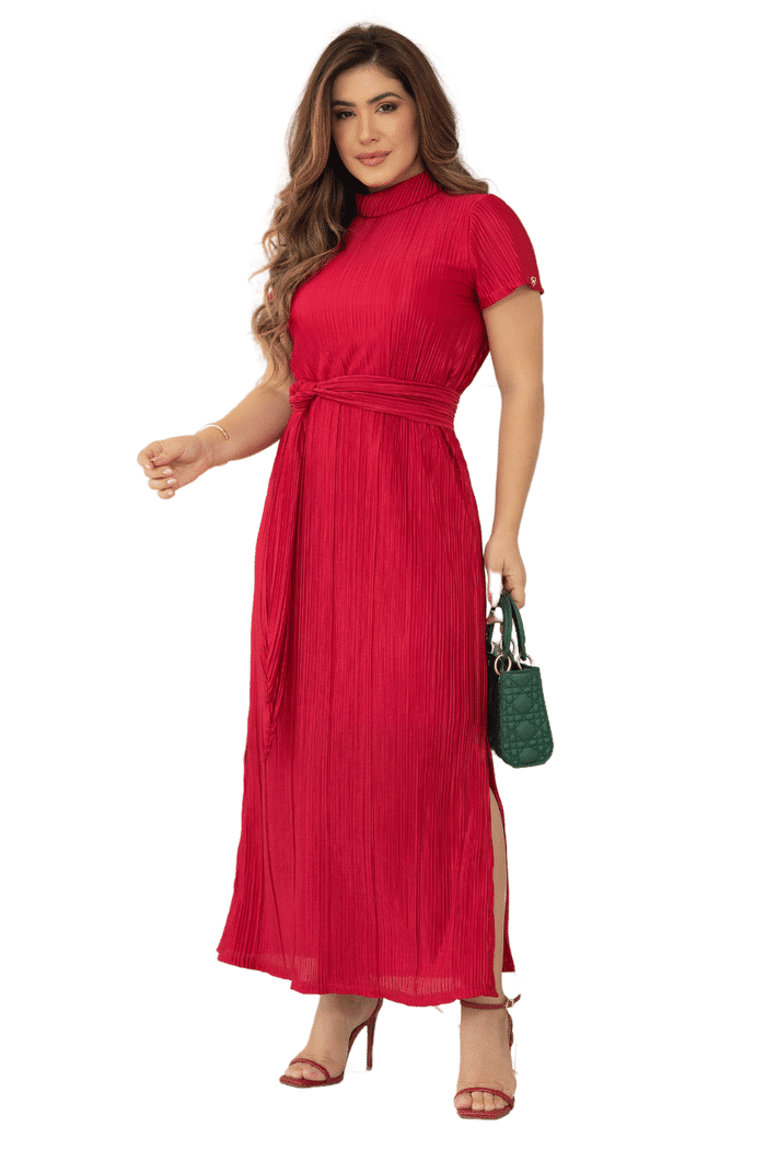 VESTIDO MALHA PLISSADA COM FAIXA - 13921