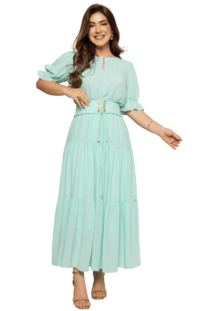 VESTIDO MAX MIDI RAYON LINEN E FAIXA COM ILHOS - 14149