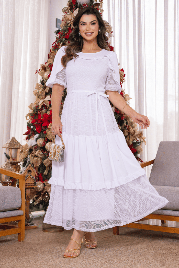 VESTIDO MAX MID TULE WAVE COM DETALHES EM CREPE - 14107