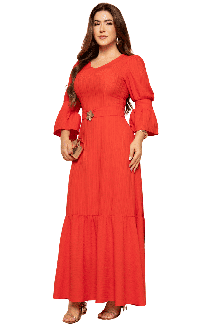 VESTIDO CREPE VIRGINIA COM FIVELA EM FLOR - 14350