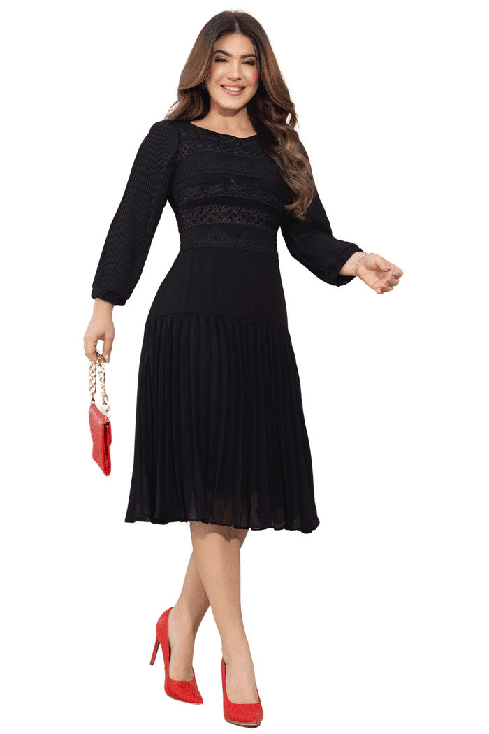 VESTIDO CREPE JULIA COM MANGAS E SAIA PLISSADA - 13869