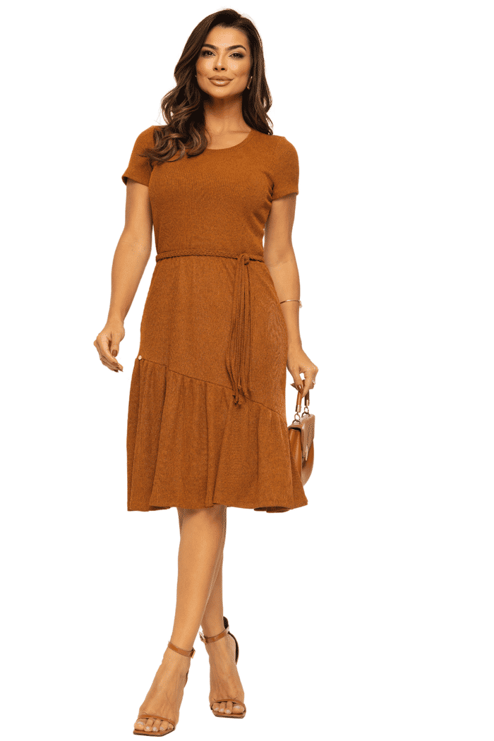 VESTIDO CANELADO COM ASSIMETRIA E FAIXA - 14156