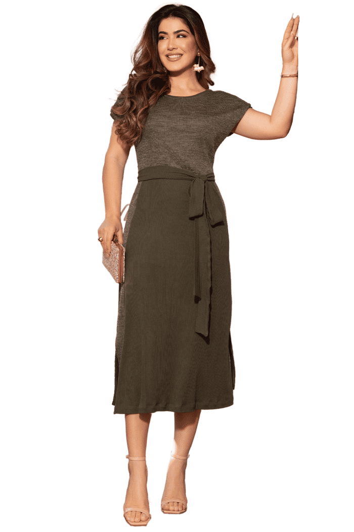 VESTIDO MALHA CANELADA COM DETALHE EM MOLETINHO - 14102