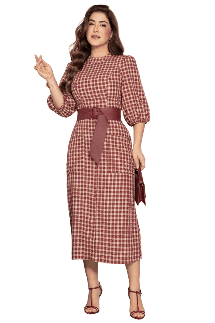 VESTIDO VISCO XADREZ AVELUDADO COM CINTO EM COURO - 14477