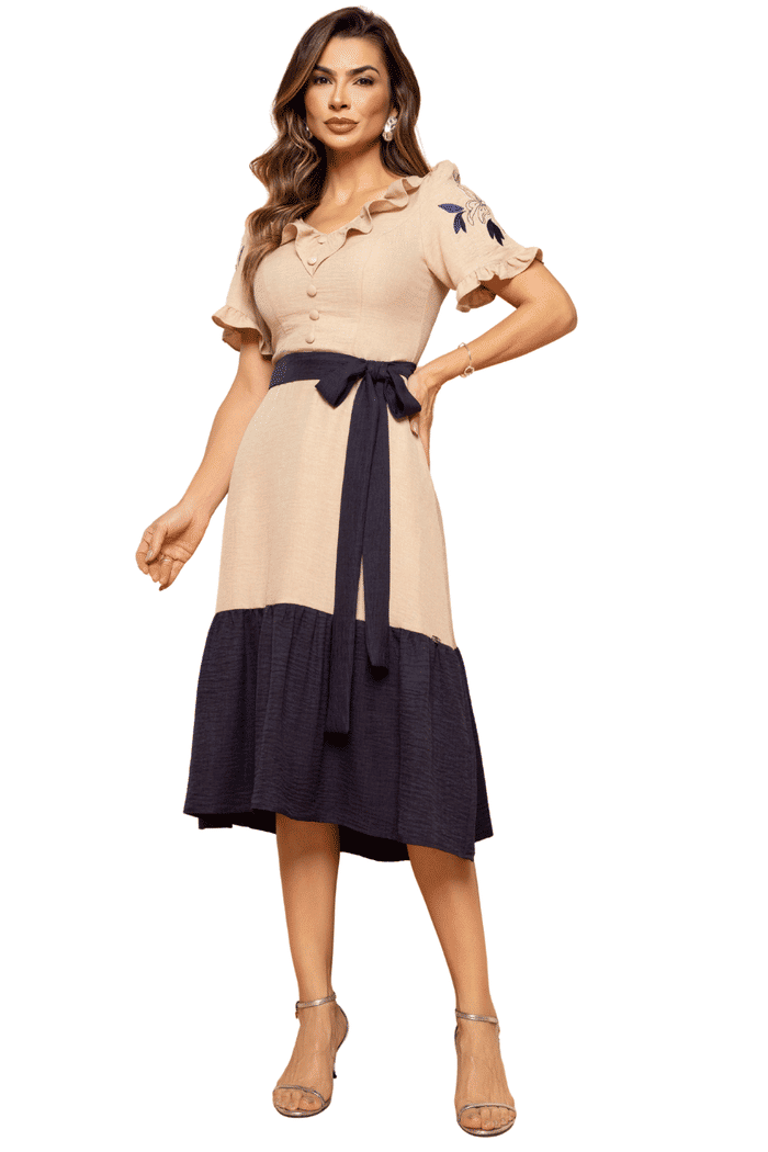 VESTIDO CREPE TEXTURIZADO BICOLOR COM BORDADO NAS MANGAS - 14296
