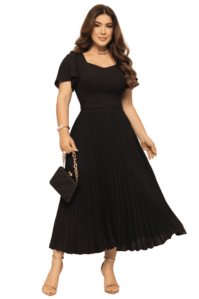 VESTIDO CREPE COM SAIA PLISSADA E LACO NA CINTURA - 14036