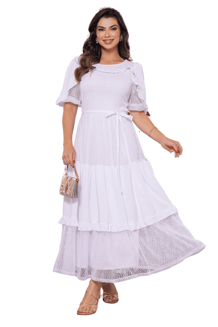 VESTIDO MAX MID TULE WAVE COM DETALHES EM CREPE - 14107