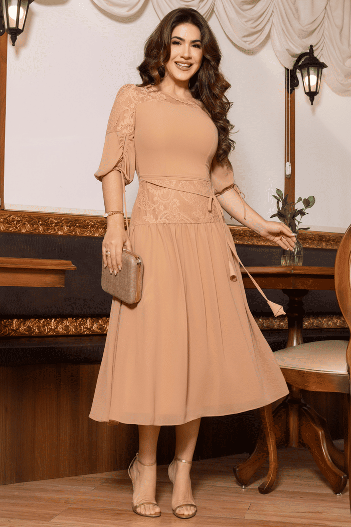 VESTIDO CHIFFON COM DETALHES EM RENDA - 14516