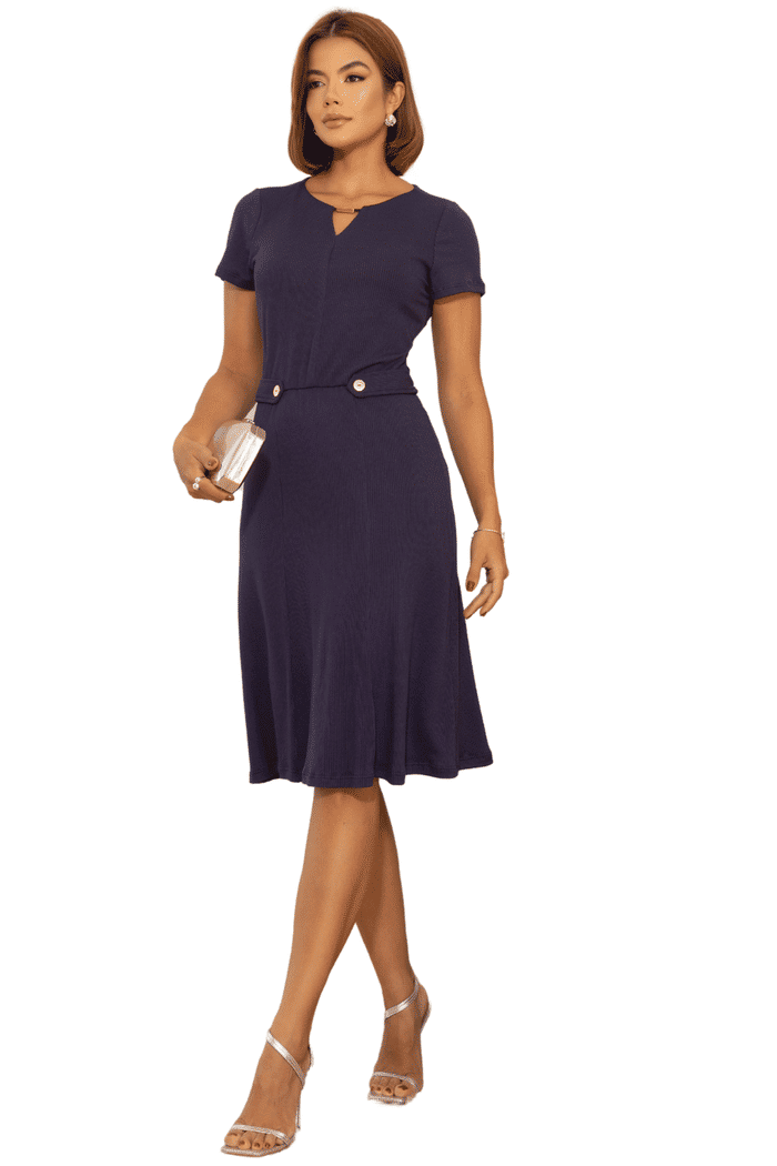 VESTIDO CANELADO COM LAPELA E BOTOES - 14175