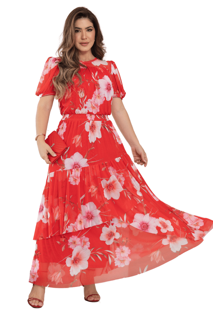 VESTIDO LONGO TULE ESTAMPADO COM BABADO NA SAIA - 13956
