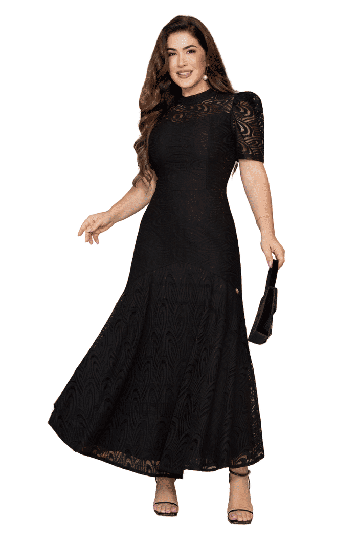 VESTIDO RENDA GOLA ALTA COM BABADO ASSIMETRICO - 14465