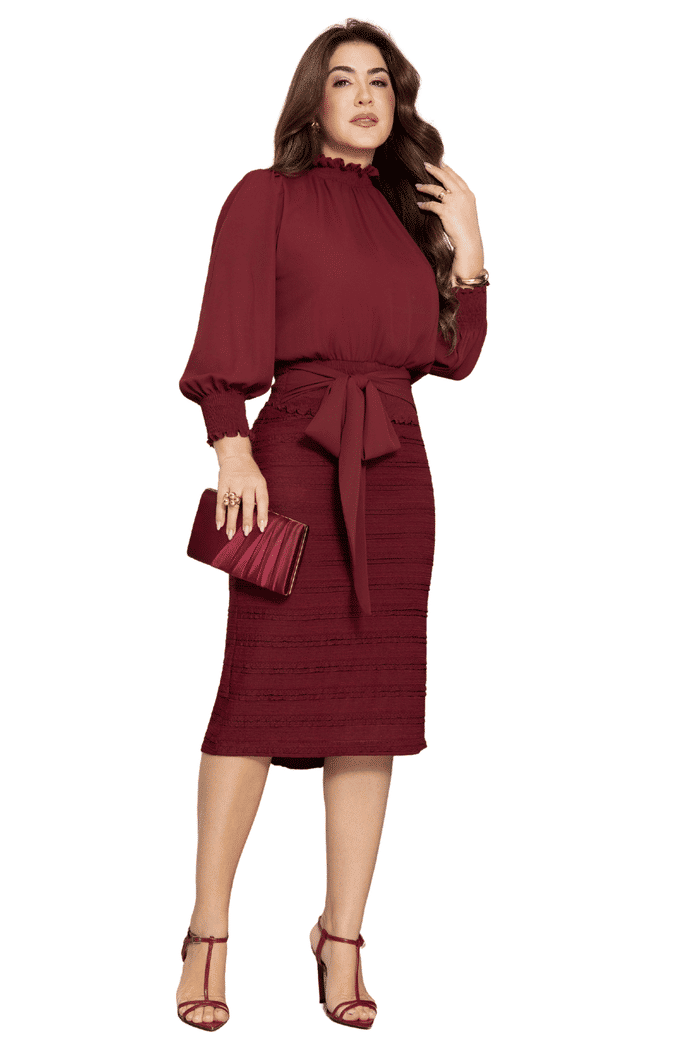 CONJUNTO BLUSA MANGA COM LASTEX E SAIA MALHA COM BABADINHOS