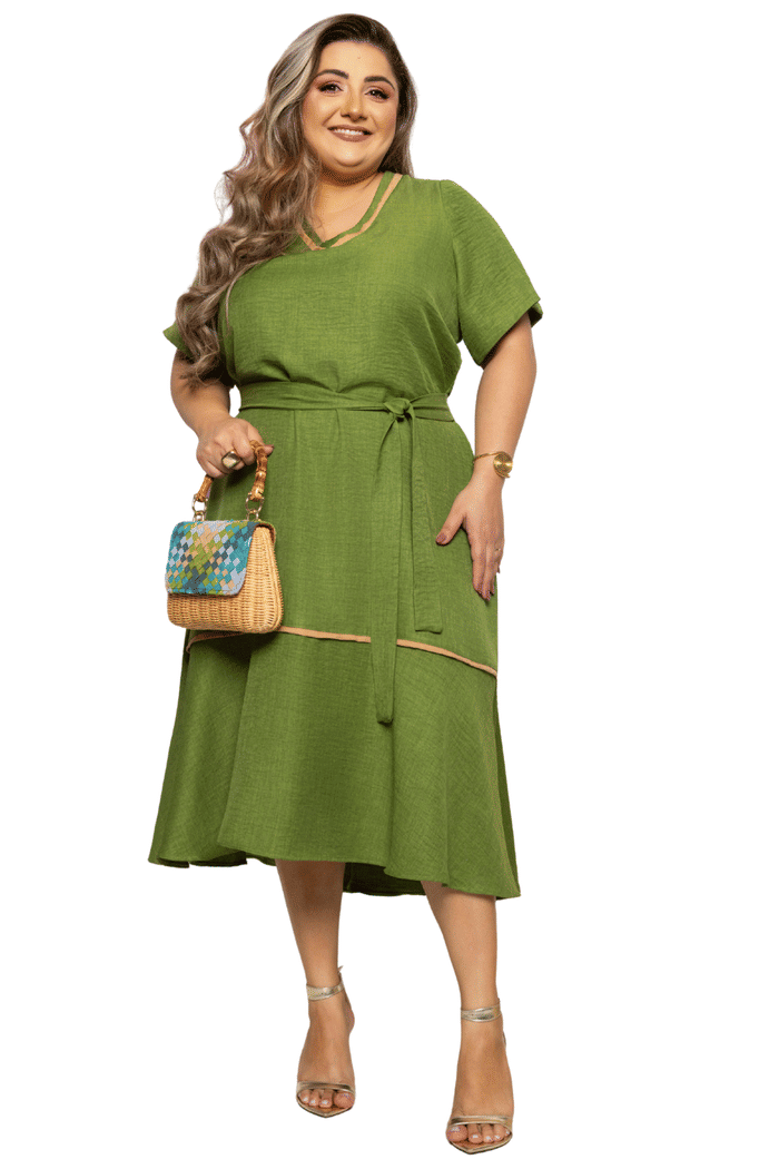 VESTIDO PLUS CREPE TEXTURIZADO COM VIVO COLORIDO - 14286