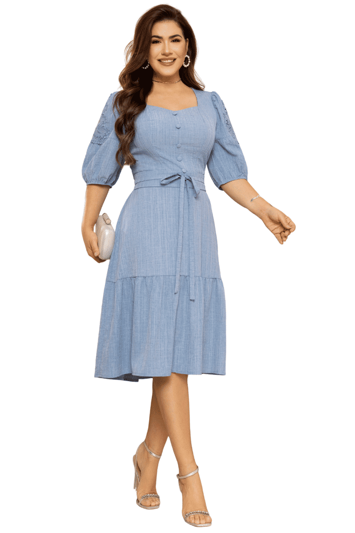 VESTIDO LINEN FLUID COM GRIPIR NAS MANGAS E FAIXA - 14364