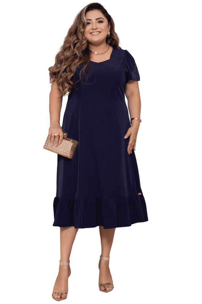 VESTIDO PLUS CREPINHO E GRIPIR NAS MANGAS - 14201