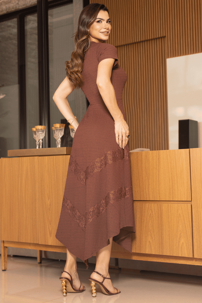 VESTIDO MALHA TEXTURIZADA COM RENDA CHANTILLY - 14541