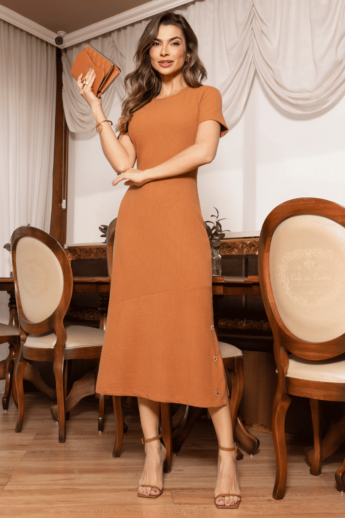 VESTIDO MID RIBANA TOUCH COM ASSIMETRIA E BOTOES - 14528