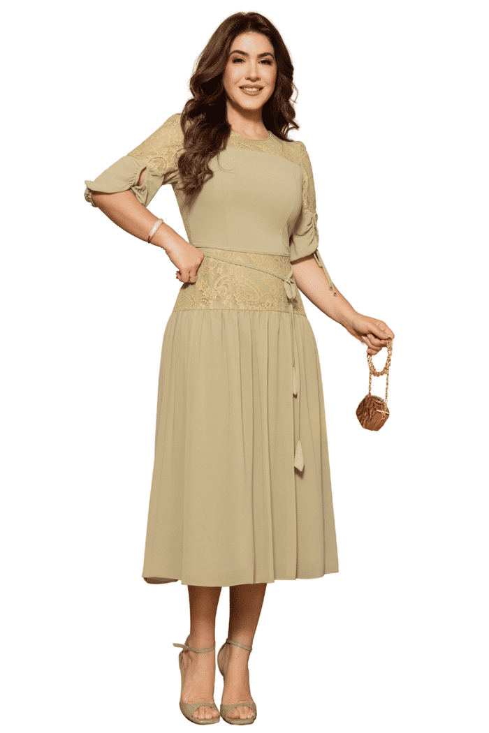 VESTIDO CHIFFON COM DETALHES EM RENDA - 14516