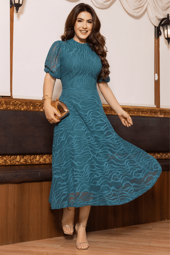 VESTIDO RENDA PLISSE COM MANGA 3/4 - 14529