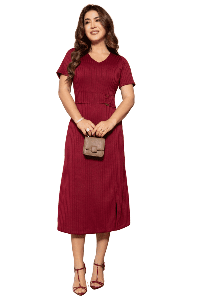 VESTIDO MALHA COM DECOTE V E FAIXA FIXA COM FIVELA - 14519