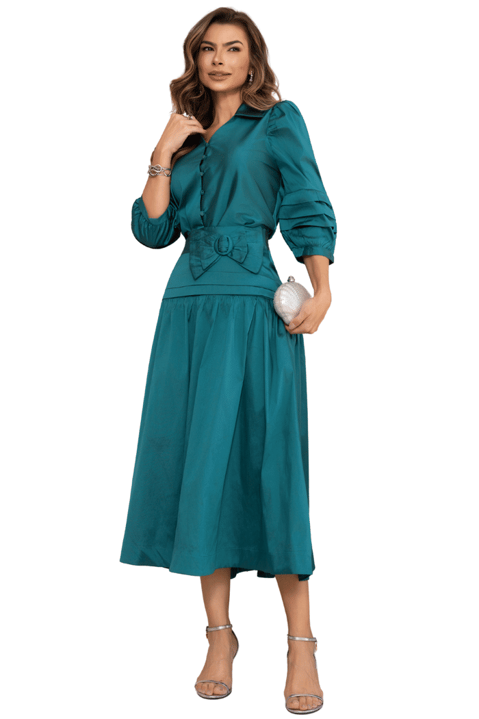 CONJUNTO TAFETA BLUSA COM GOLA E BOTOES E SAIA COM LAÇO - 04627