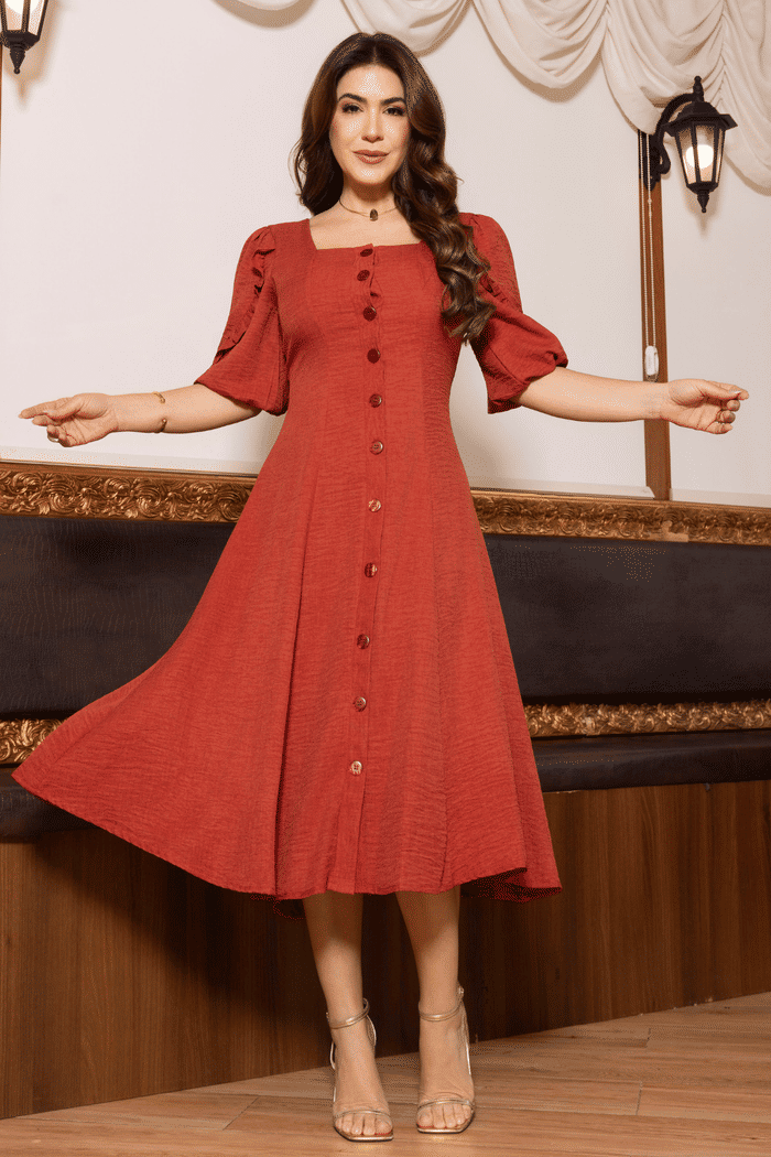 VESTIDO LINEN FRESH COM BOTOES E APLICACAO EM GRIPIR NAS COSTAS - 14466