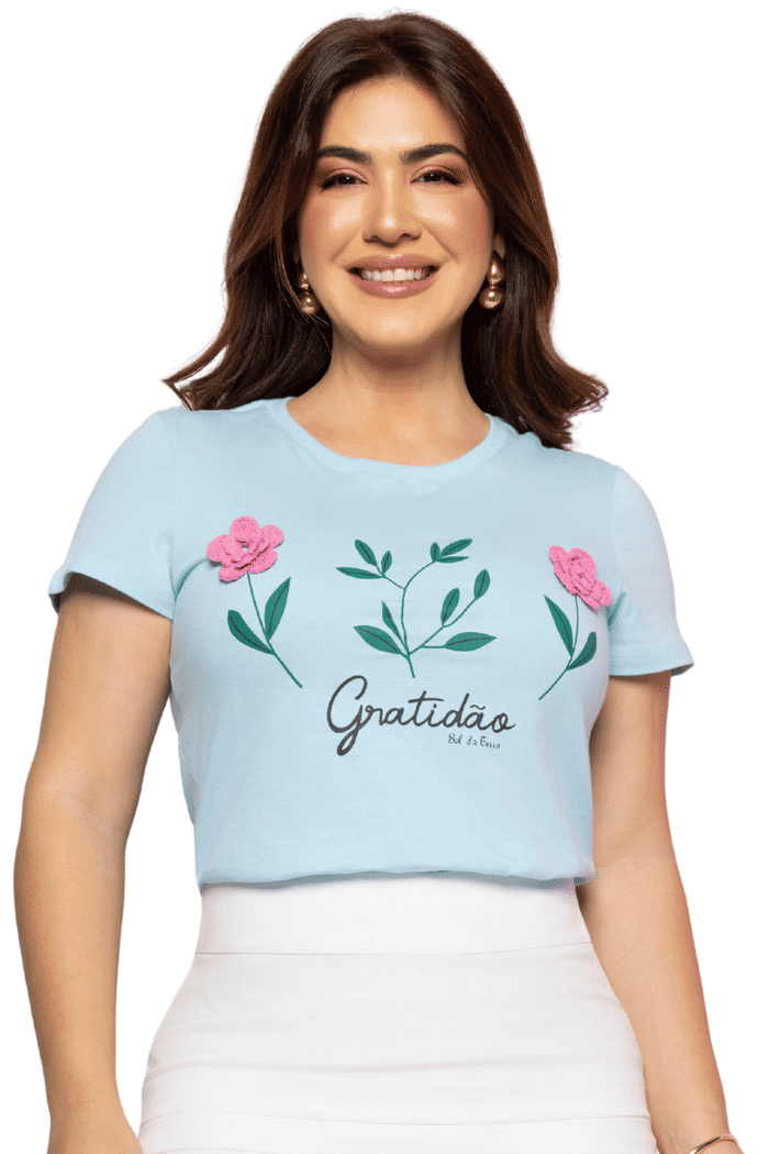 T-SHIRT 100% ALGODAO GRATIDAO COM FLOR EM CROCHE - 05666
