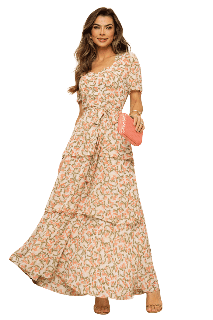 VESTIDO MUSSELINE CREPE COM BABADOS E FAIXA - 14434