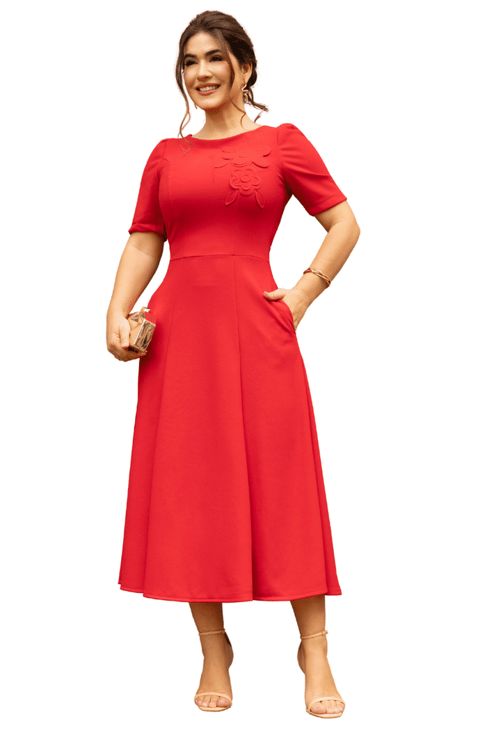 VESTIDO SCUBA CREPE COM BORDADO FLORAL - 14172