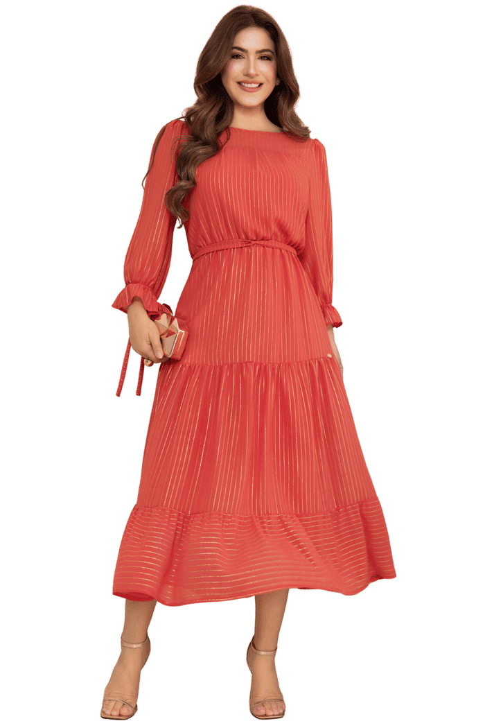 VESTIDO CREPE COM FIO LUREX E ELASTICO NAS MANGAS - 14274