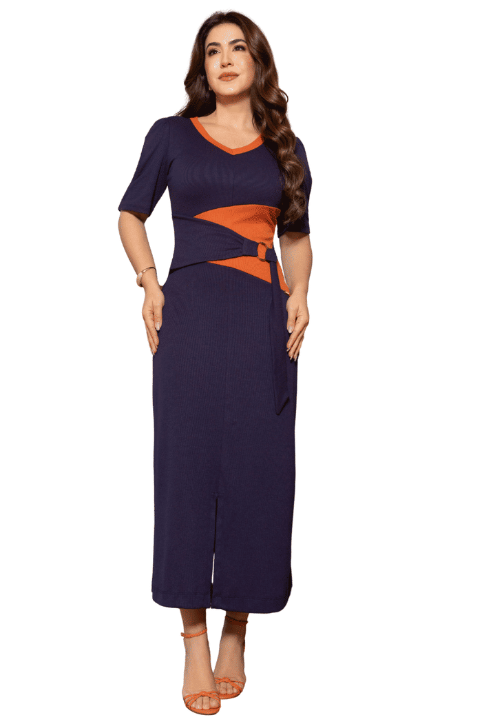 VESTIDO MAX MID RIBANA CANELADA BICOLOR - 14497