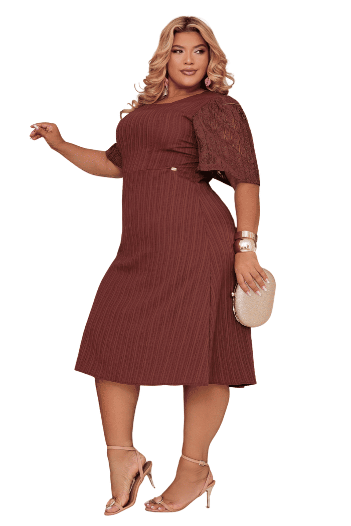 VESTIDO PLUS CREPE VIRGINIA COM DETALHE EM RENDA - 14446