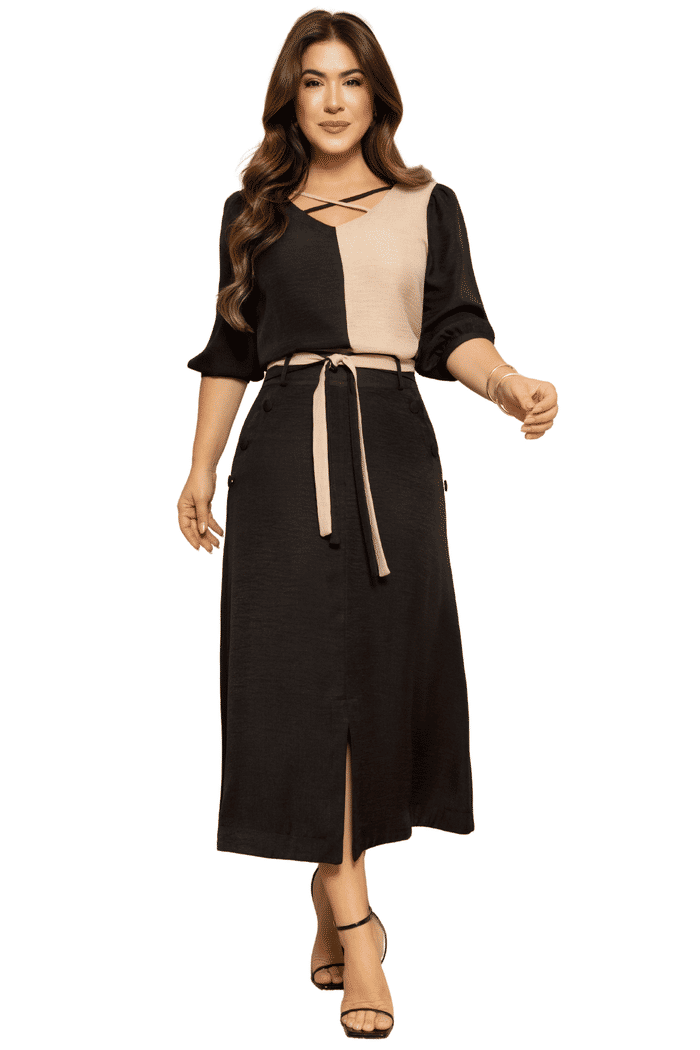 CONJUNTO CREPE TEXTURIZADO COM BLUSA BICOLOR - 04620