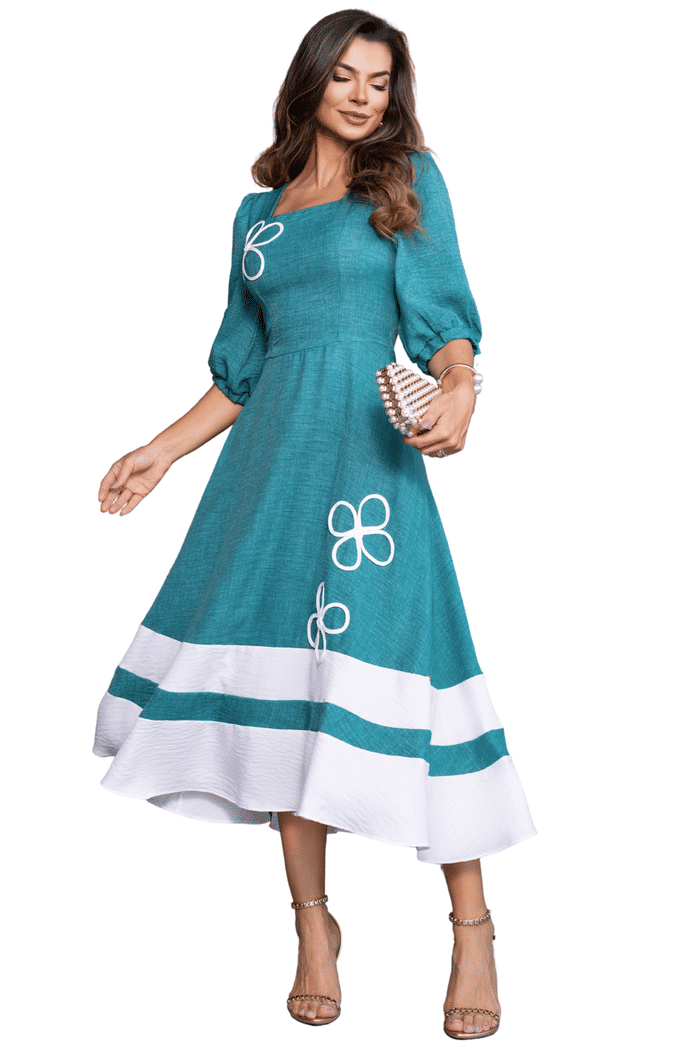 VESTIDO CREPE TEXTURIZADO COM BORDADO E BARRA BICOLOR - 14347