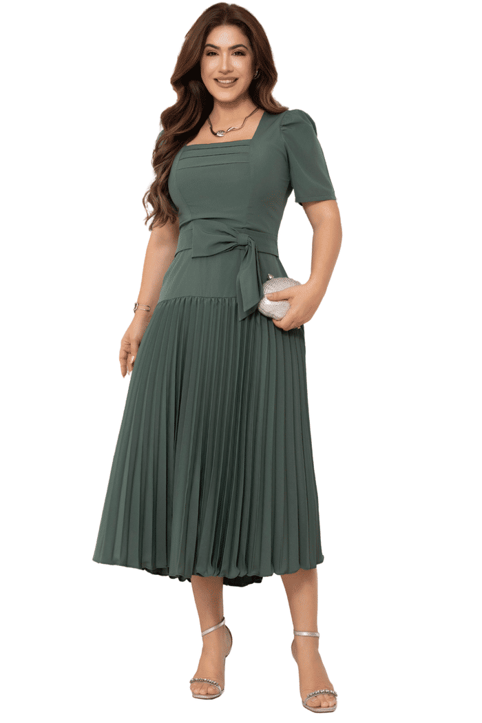 VESTIDO CREPINHO COM FAIXA FIXA E PLISSADO NA SAIA - 14271