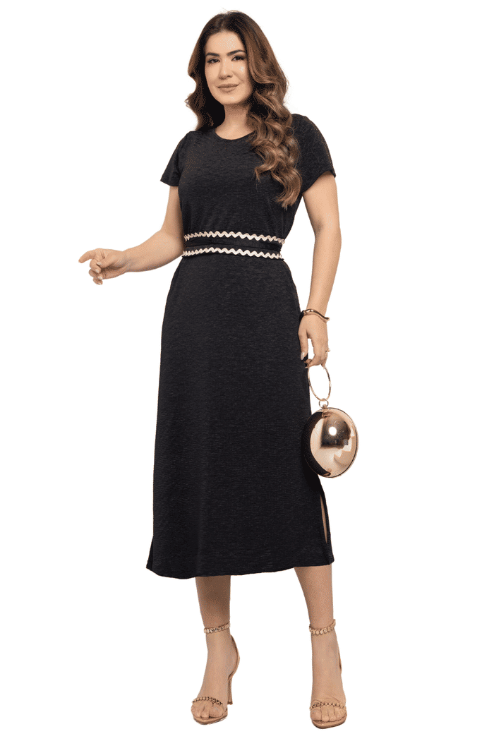 VESTIDO MALHA TEXTURIZADA E FAIXA COM SIANINHA - 14162