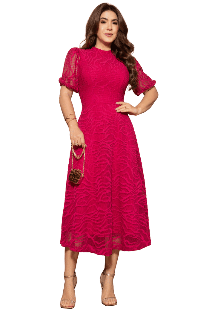 VESTIDO RENDA PLISSE COM MANGA 3/4 - 14529