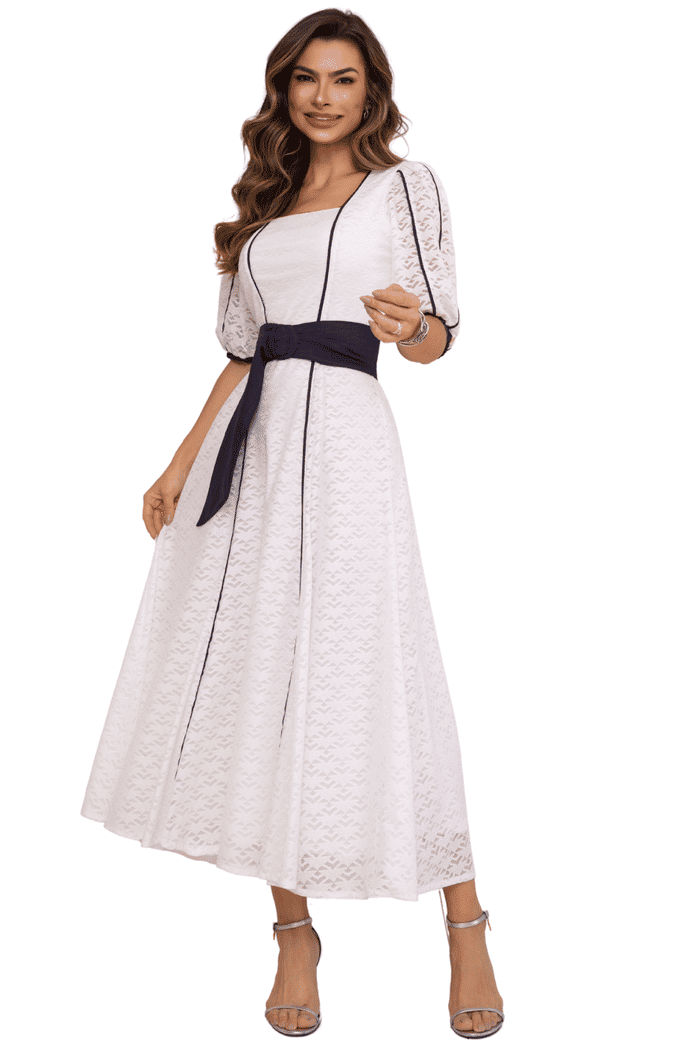 VESTIDO MAX MIDI RENDA COM FAIXA E VIVO COLORIDO - 14462