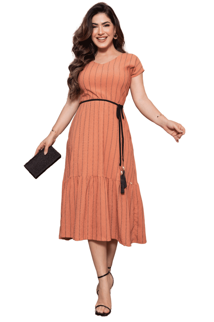 VESTIDO MALHA TEXTURIZADA LISTRADA COM CORDAO - 14288