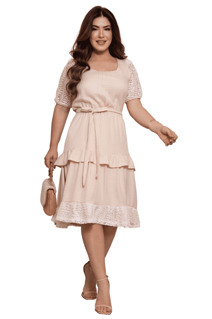 VESTIDO LINEN COM MANGAS E BABADO EM RENDA - 14116