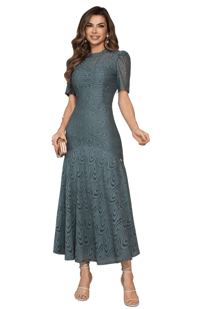 VESTIDO RENDA GOLA ALTA COM BABADO ASSIMETRICO - 14465