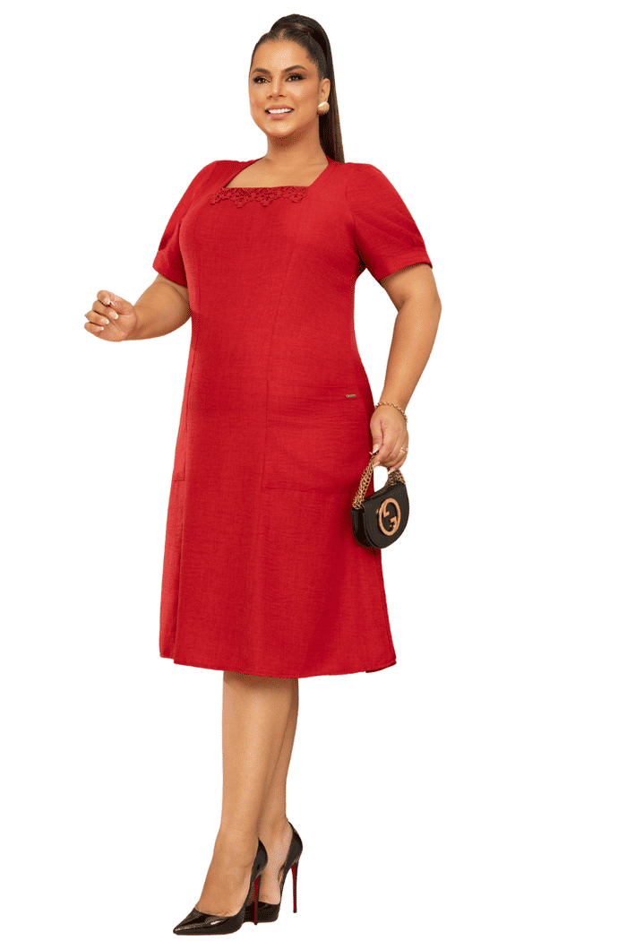 VESTIDO PLUS CREPE TEXTURIZADO COM BOLSO - 14287