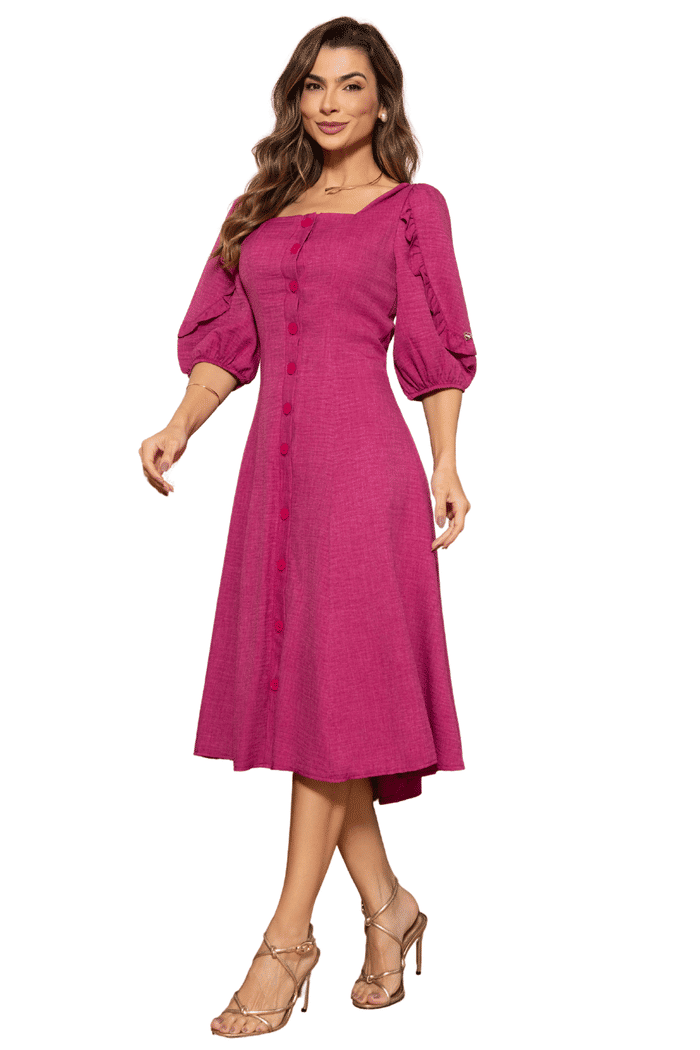 VESTIDO LINEN FRESH COM BOTOES E APLICACAO EM GRIPIR NAS COSTAS - 14466