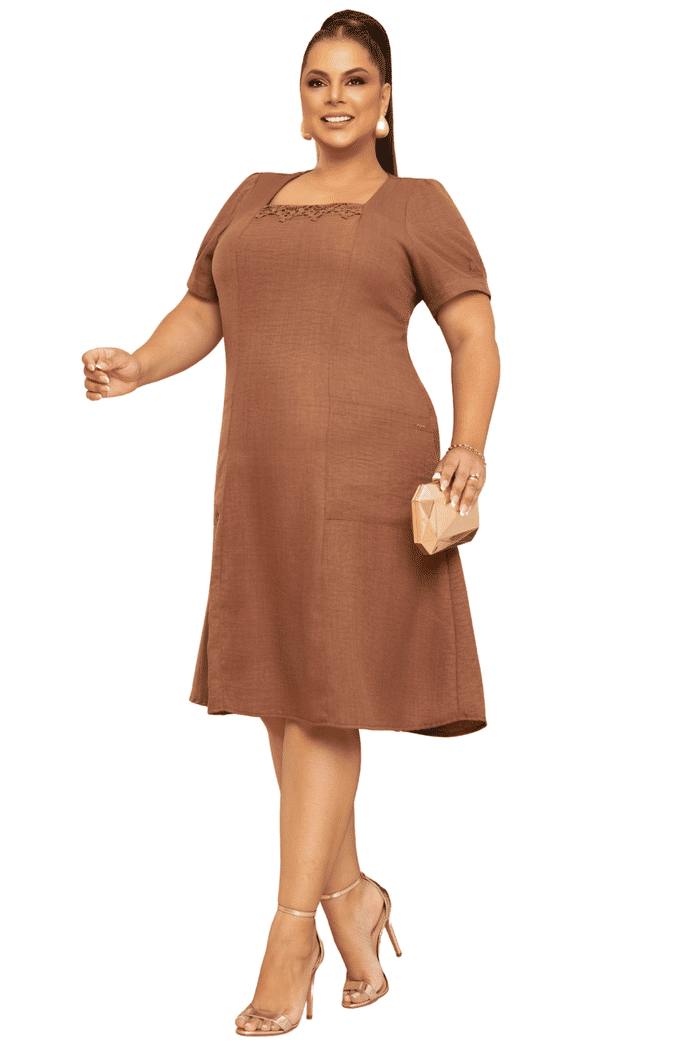 VESTIDO PLUS CREPE TEXTURIZADO COM BOLSO - 14287